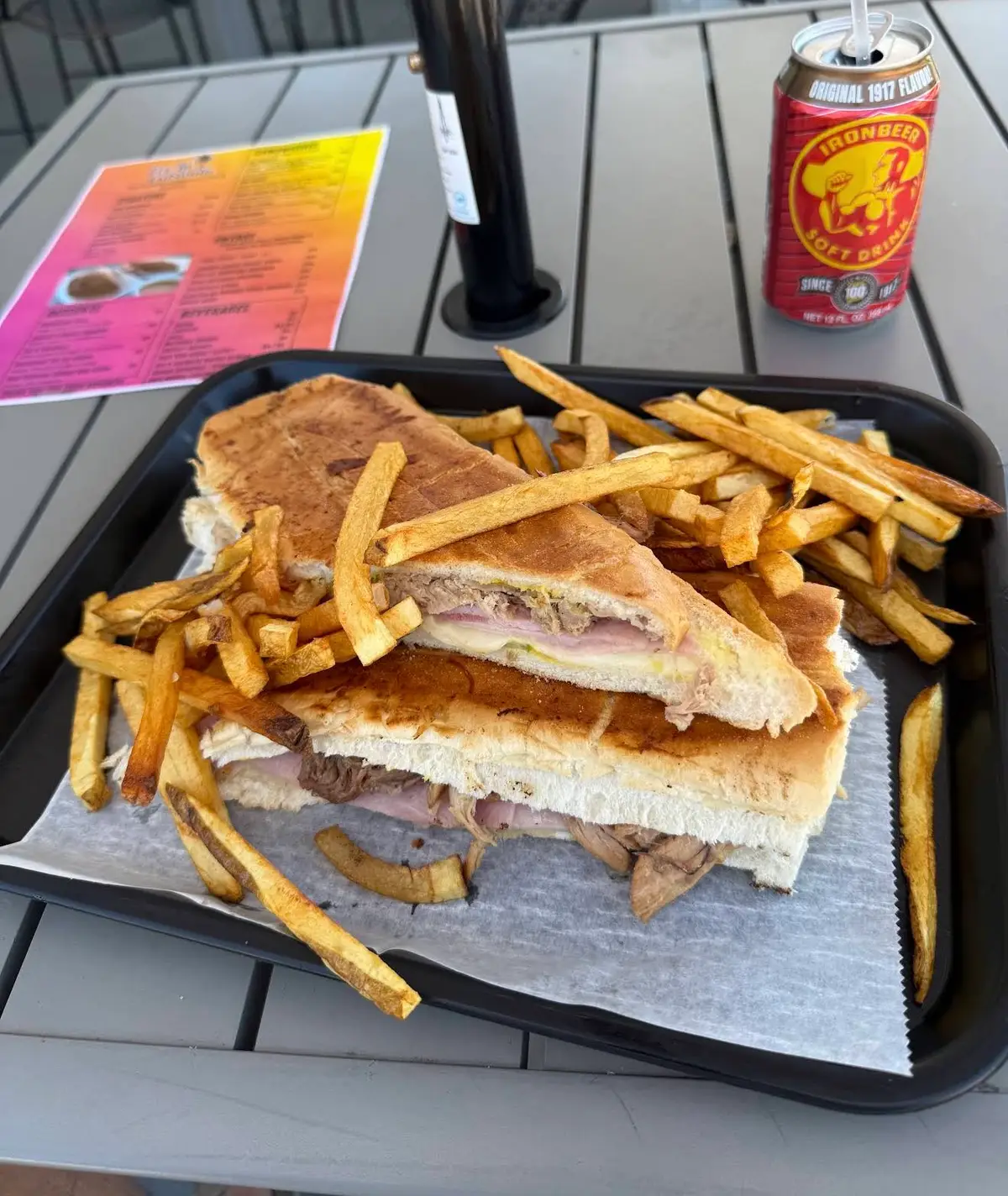 Cuban sandwich with fries and Iron Beer