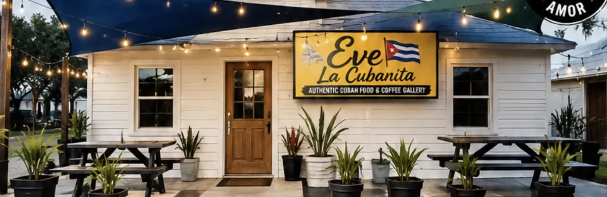 Eve La Cubanita's second location at 818 Pennsylvania Ave, St. Cloud, FL — white cottage with string lights and patio seating